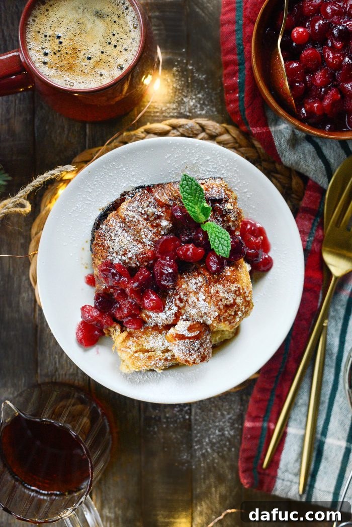 An overhead shot of the Eggnog Croissant French Toast Bake, beautifully golden and ready to be served.