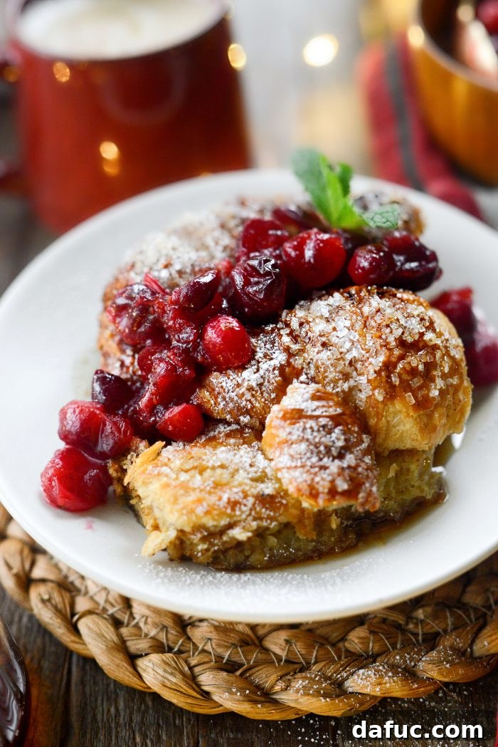 A close-up of a serving of Eggnog Croissant French Toast Bake, showcasing the delicious toppings.