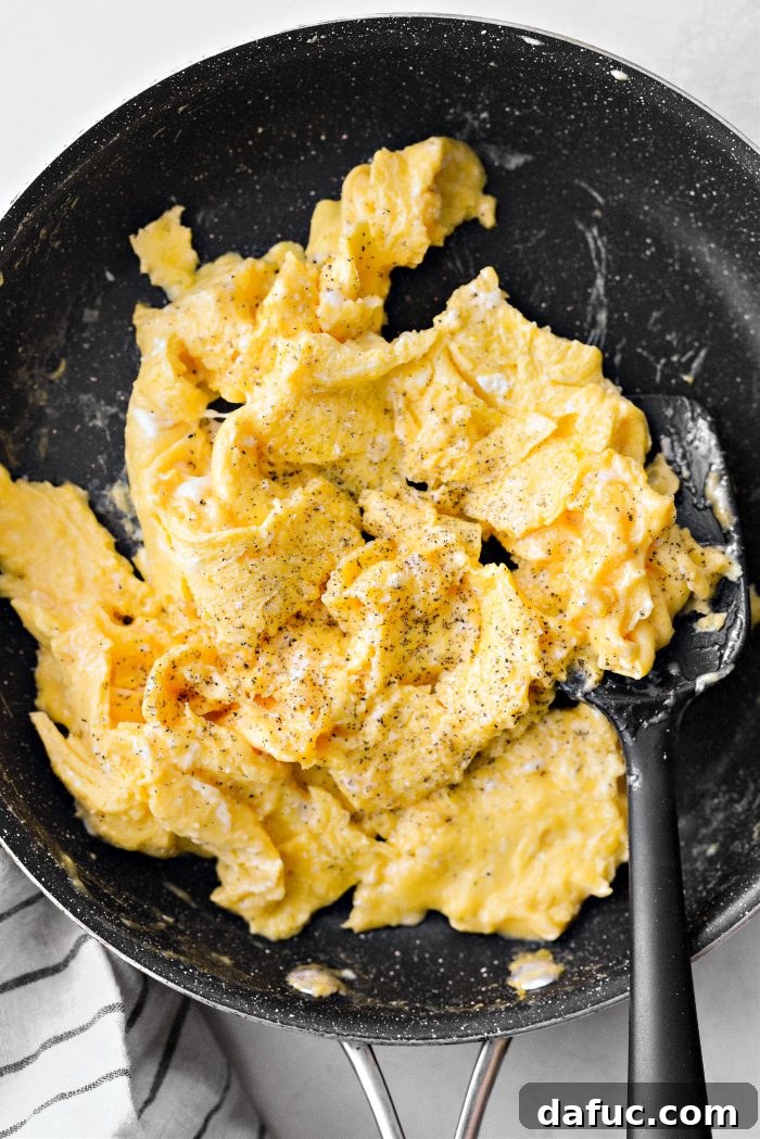 Fluffy scrambled eggs ready to be served