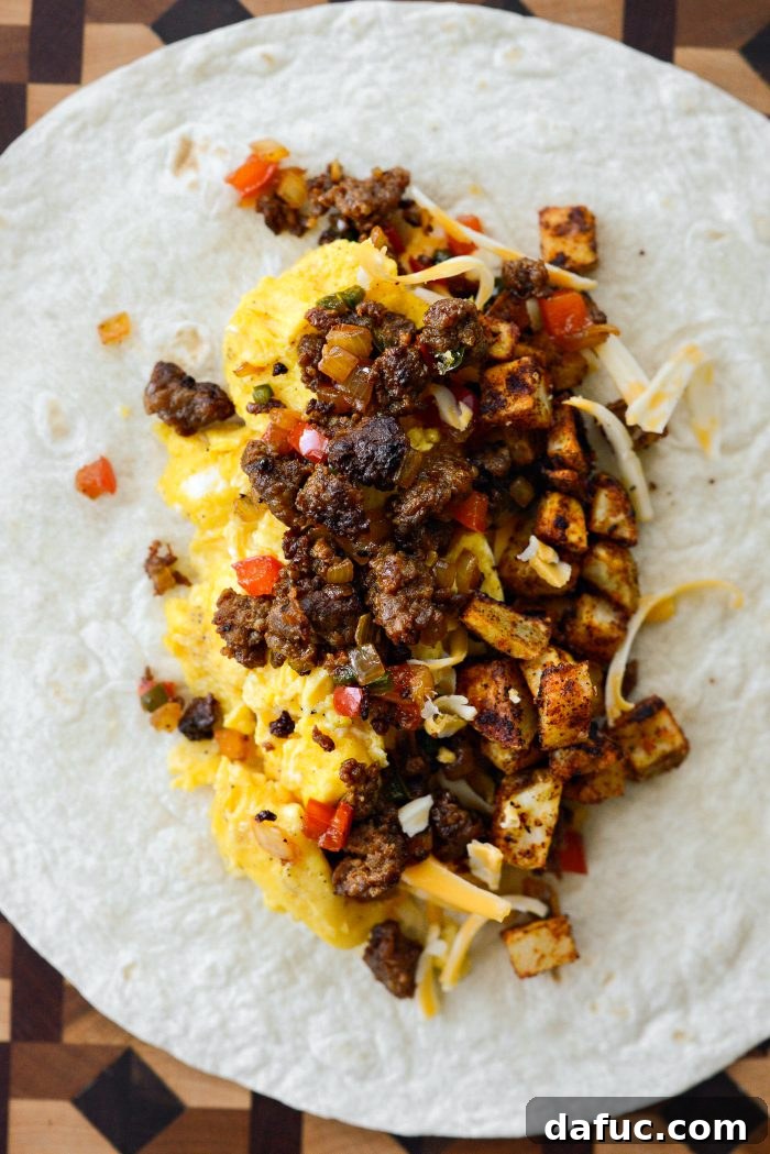 Layering cheese, eggs, chorizo, and potatoes onto a tortilla
