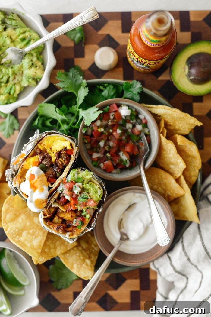 Crispy Potato and Chorizo Breakfast Burritos ready for toppings