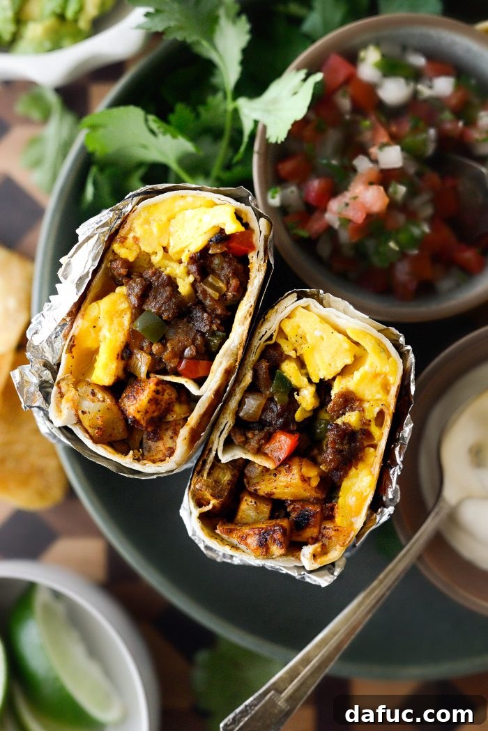 A perfectly toasted Crispy Potato and Chorizo Breakfast Burrito, cut in half to show the filling