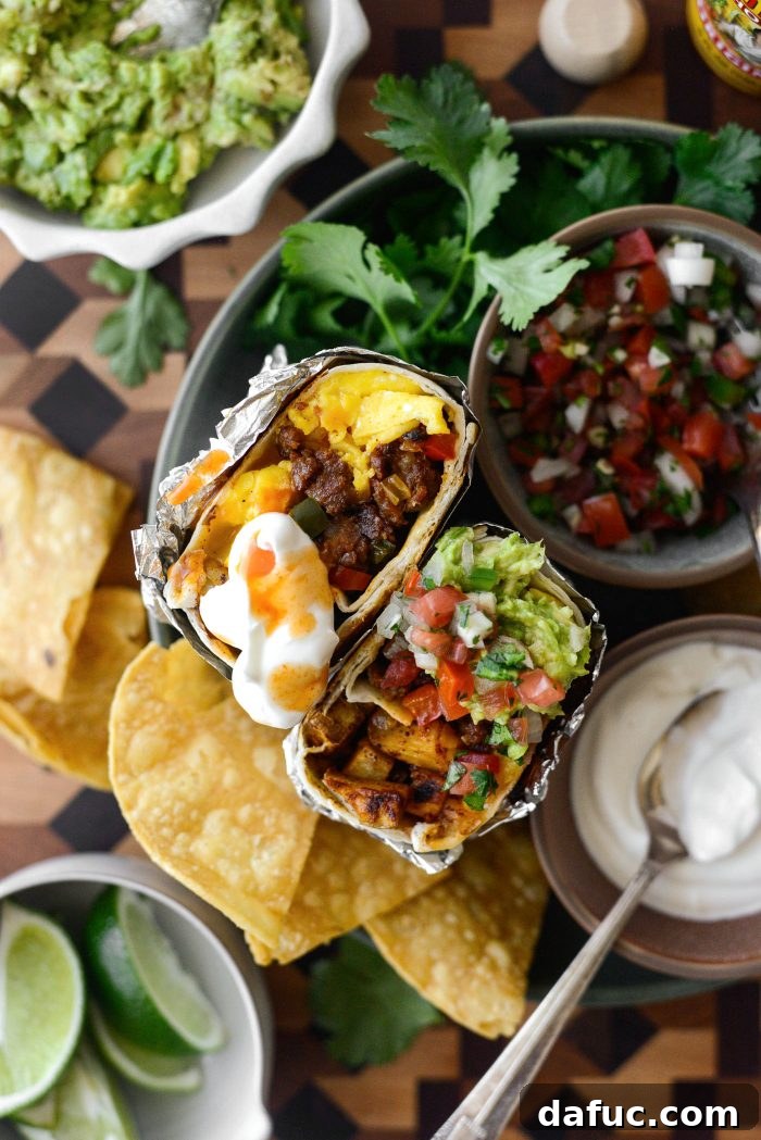 Crispy Potato and Chorizo Breakfast Burritos served with a variety of fresh toppings