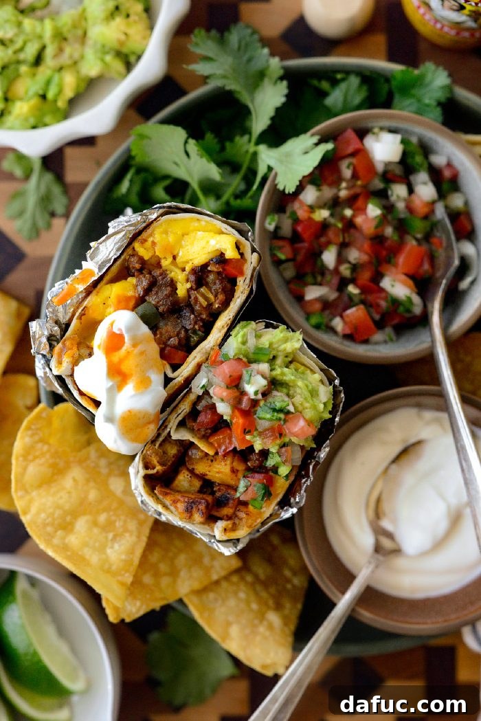 A final beautiful shot of a Crispy Potato and Chorizo Breakfast Burrito