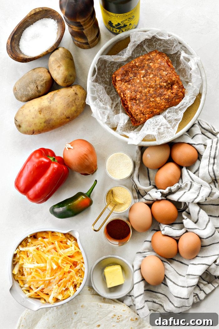 Ingredients laid out for Crispy Potato and Chorizo Breakfast Burritos