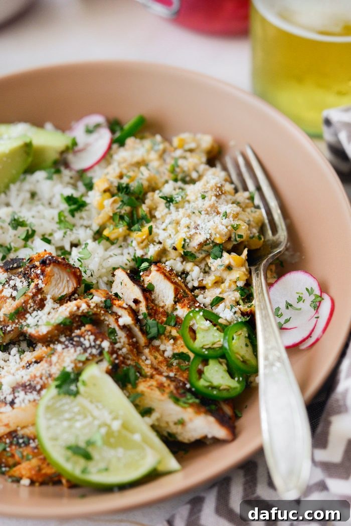 Smoky Chicken Elote Bowls 19 Overhead shot of a delicious Grilled Chicken Mexican Street Corn Bowl