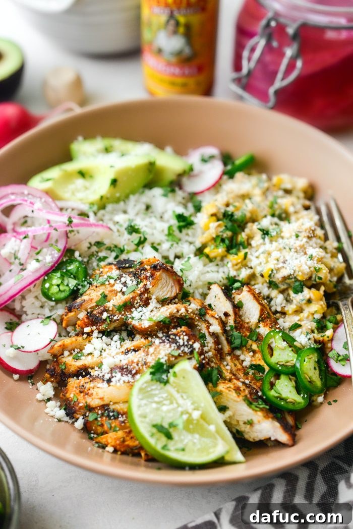 Smoky Chicken Elote Bowls 3 Grilled Chicken Mexican Street Corn Bowls - Delicious and easy to make