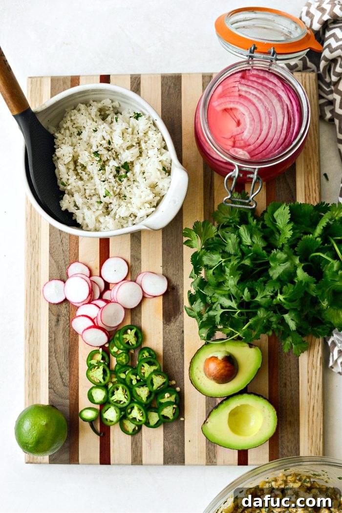 Smoky Chicken Elote Bowls 6 bowl ingredients prepared and ready for assembly