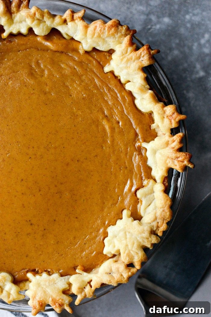 Beautifully decorated Classic Pumpkin Pie with decorative crust elements