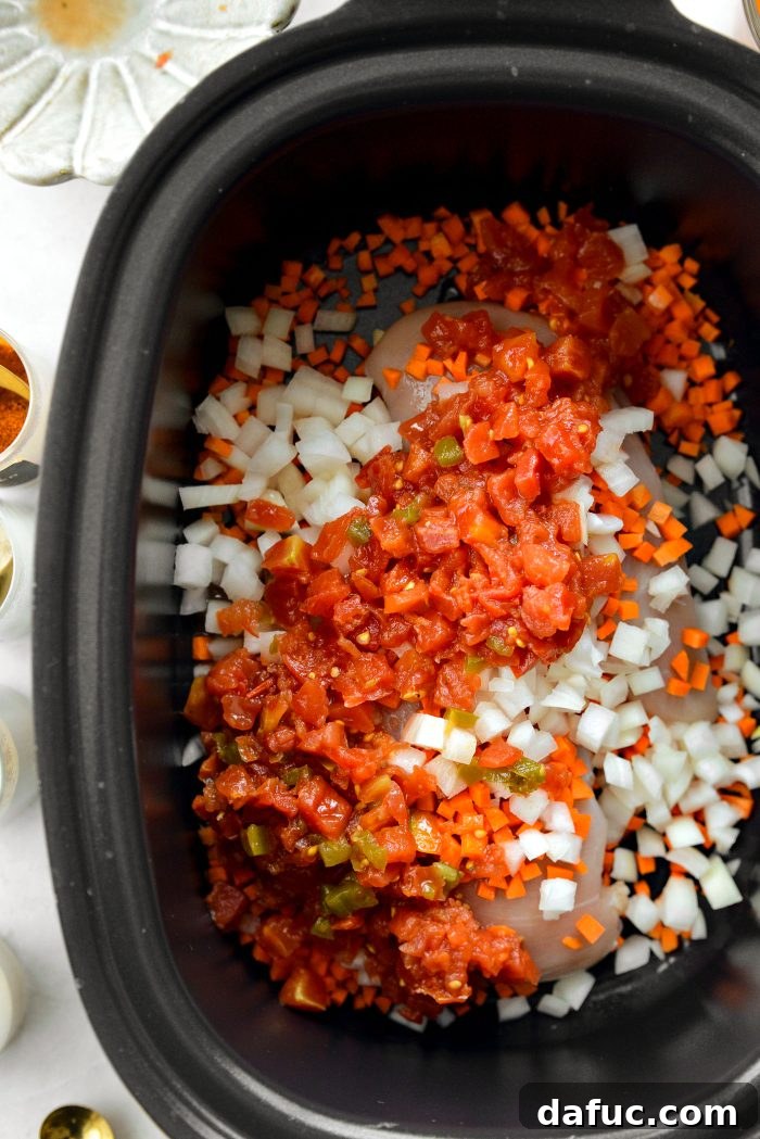 Adding onions, carrots, and Rotel to the slow cooker