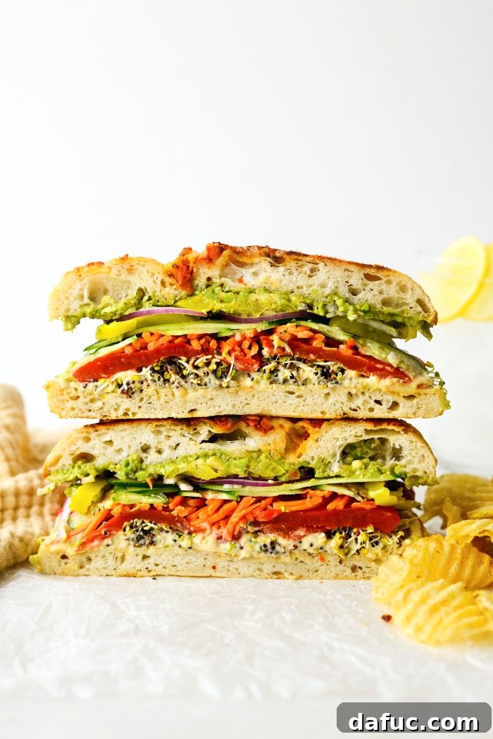 Vibrant Rainbow Stack 16 The fully assembled Rainbow Veggie Sandwich before slicing