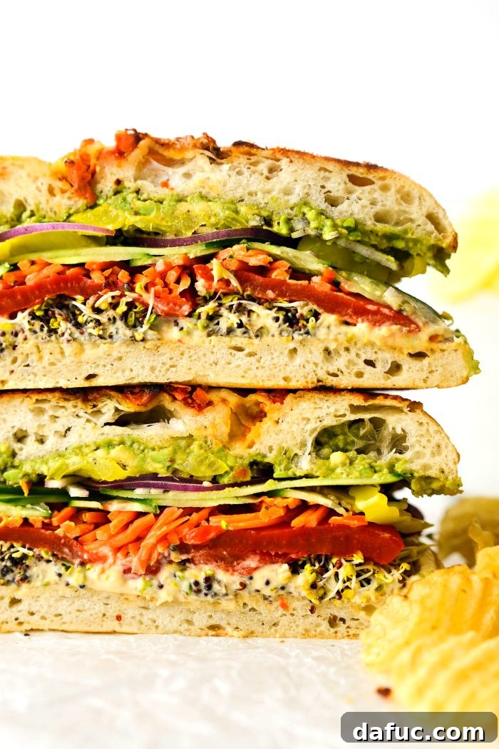 Vibrant Rainbow Stack 19 Close-up of the Rainbow Veggie Sandwich, emphasizing fresh ingredients