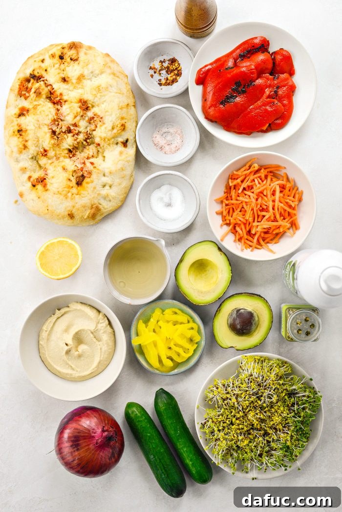 Vibrant Rainbow Stack 4 Ingredients laid out for the Rainbow Veggie Sandwich preparation
