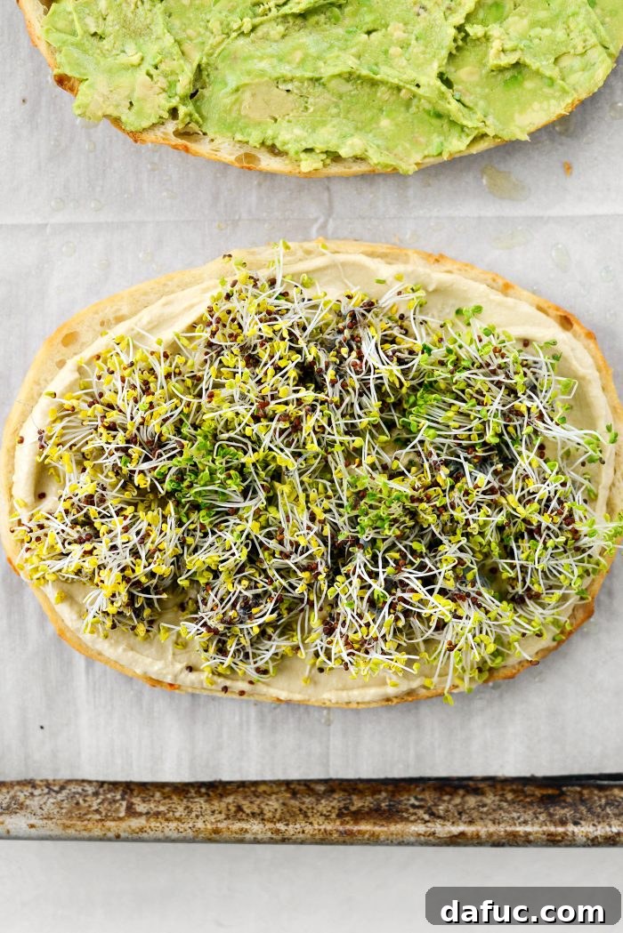Vibrant Rainbow Stack 10 Layering sprouts over the hummus base
