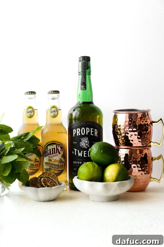 Emerald Kick 4 Ingredients for Irish Mule laid out