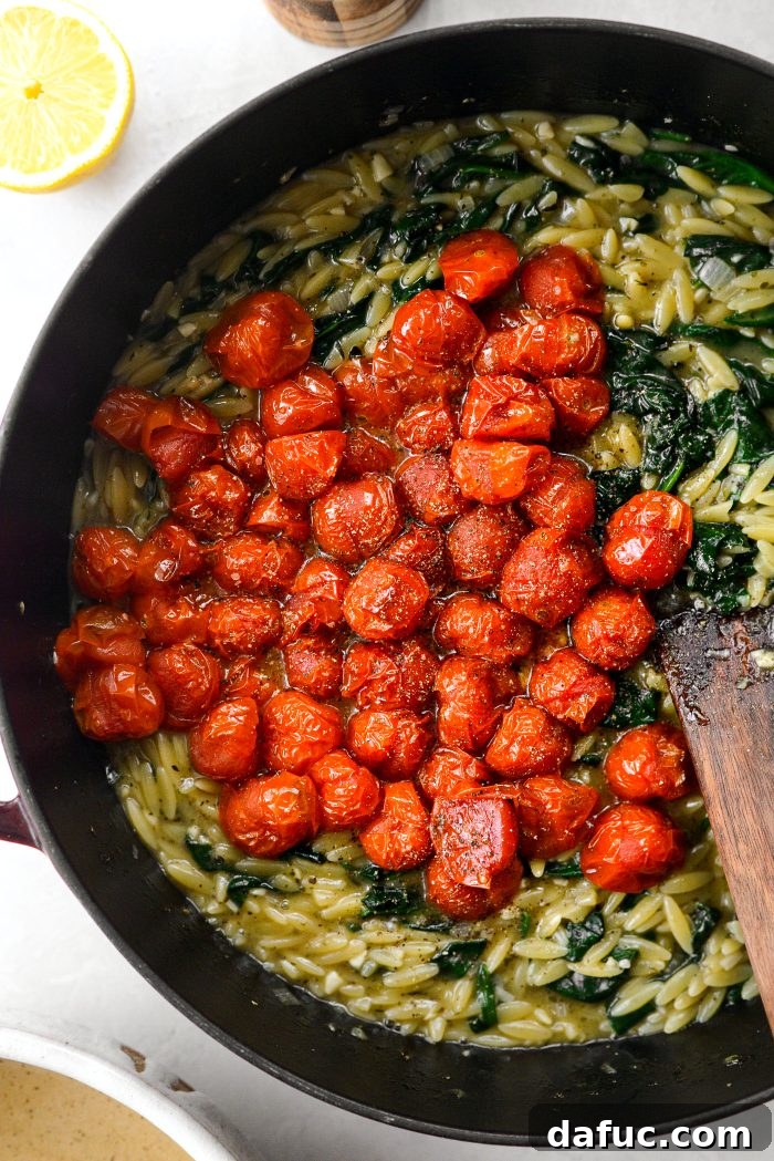 add blistered tomatoes and their juices to the orzo