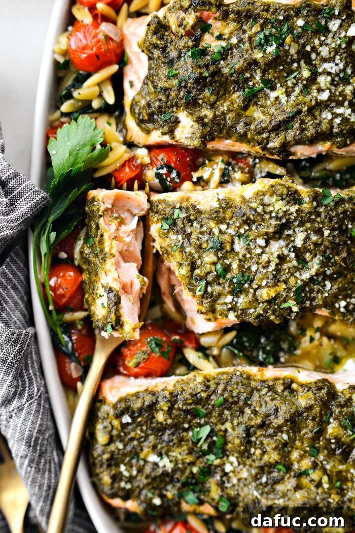 Pesto Salmon with Blistered Tomato Orzo