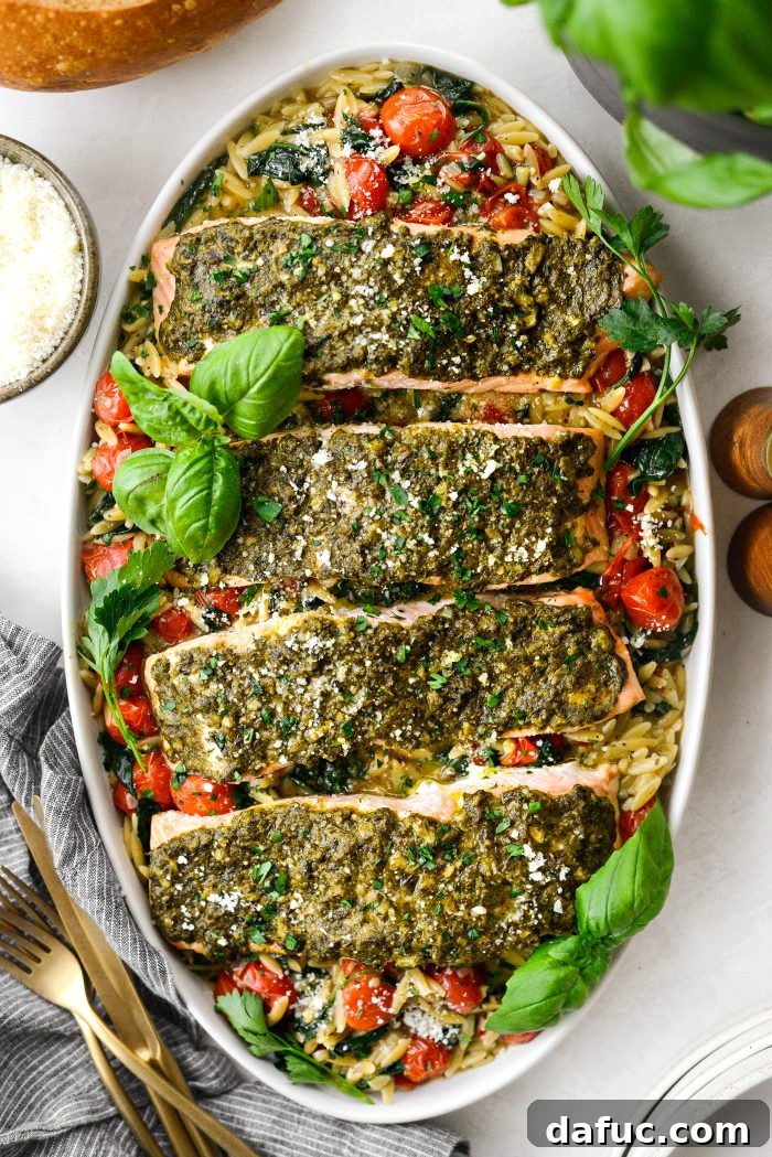 Pesto Salmon with Blistered Tomato Orzo