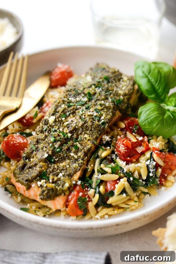 Pesto Salmon with Blistered Tomato Orzo