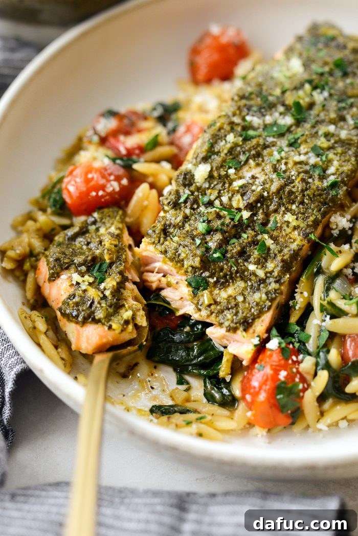 Pesto Salmon with Blistered Tomato Orzo