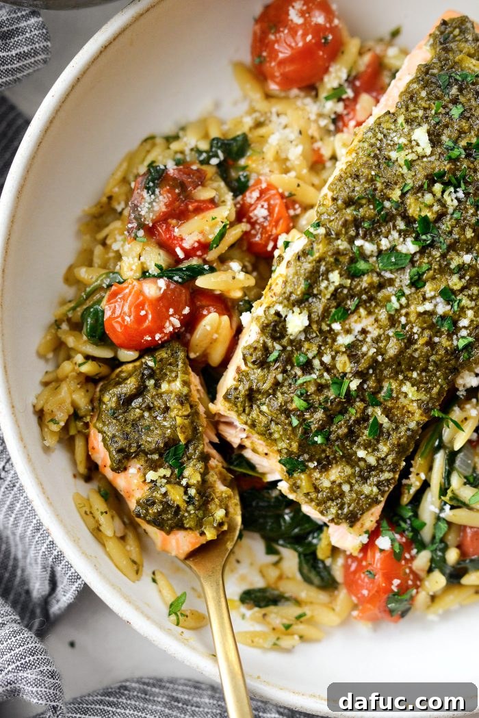 Pesto Salmon with Blistered Tomato Orzo