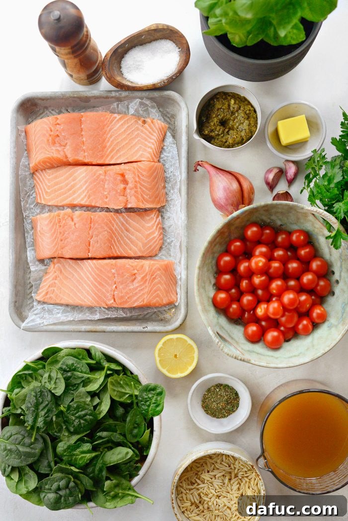 ingredients for Pesto Salmon with Blistered Tomato Orzo