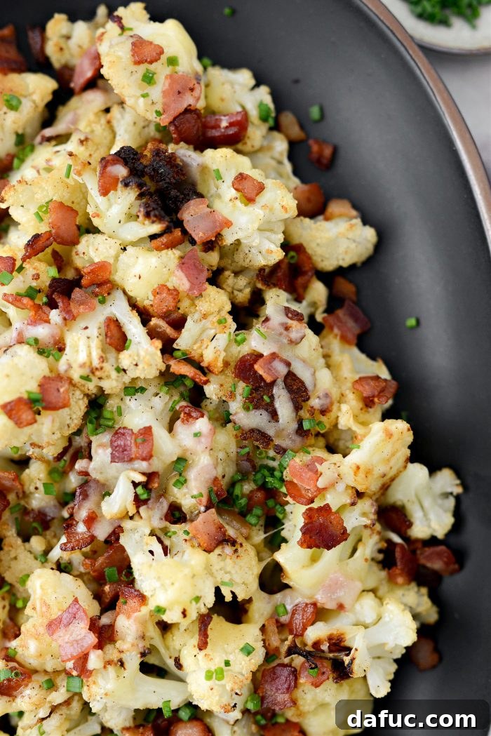 Crispy Bacon & Cheddar Roasted Cauliflower 19 A final, mouth-watering image of Roasted Cheddar Cauliflower with Bacon