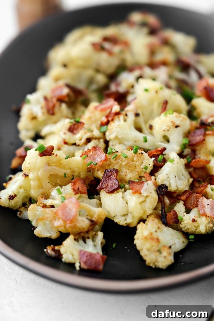 Crispy Bacon & Cheddar Roasted Cauliflower 3 Irresistibly Flavorful Roasted Cheddar Cauliflower with Bacon
