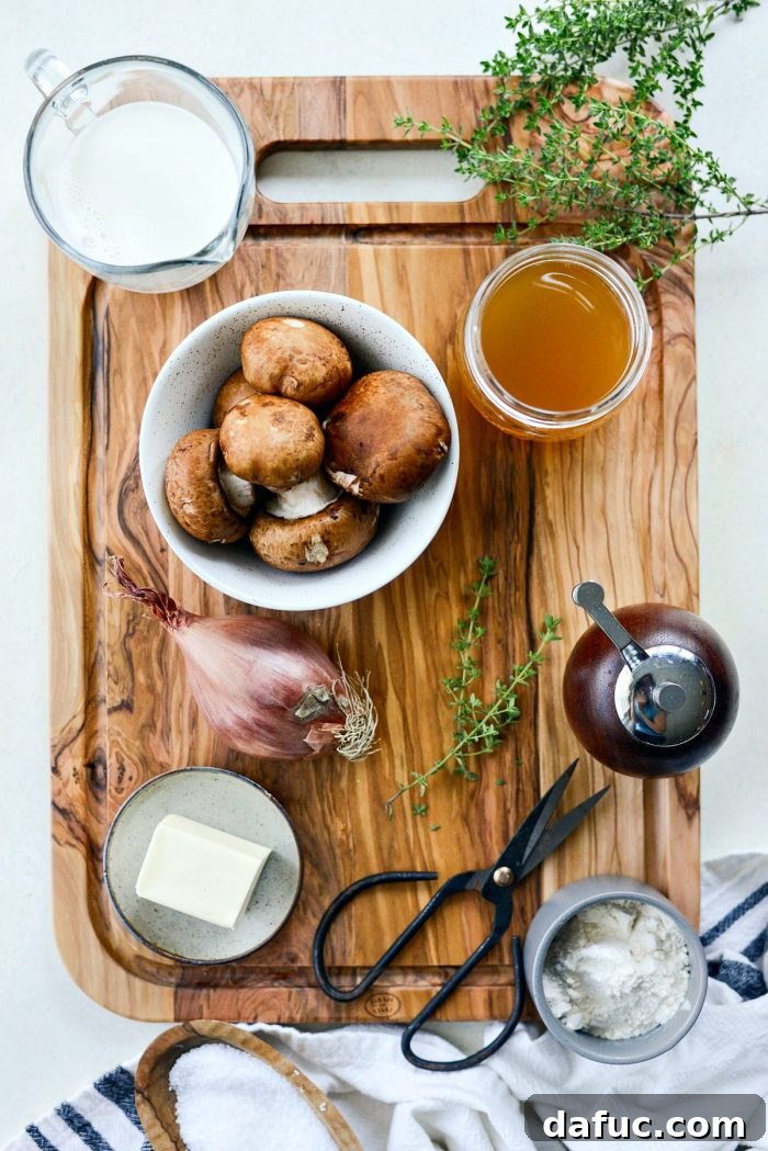 A bowl of rich, creamy homemade condensed cream of mushroom soup, illustrating its desirable texture.