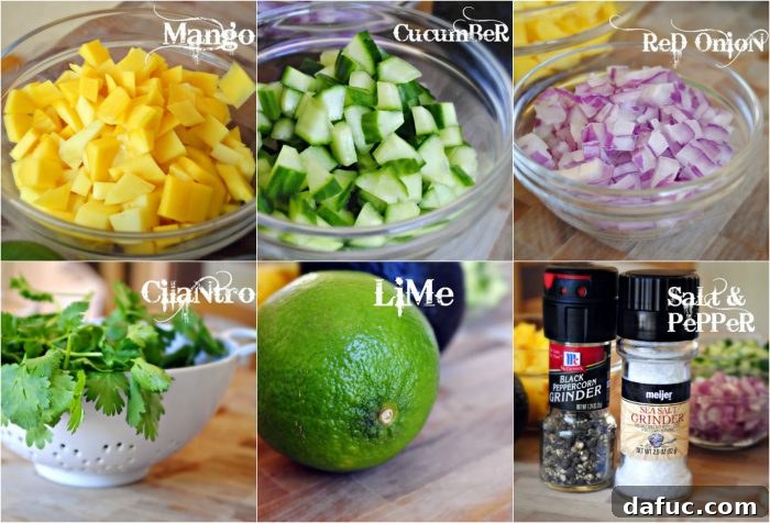 Freshly chopped mango, cucumber, red onion, and cilantro ready to be mixed for a homemade salsa.