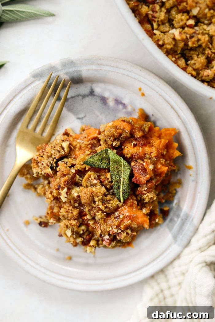 Maple Bourbon Bacon Sweet Potato Casserole with streusel topping