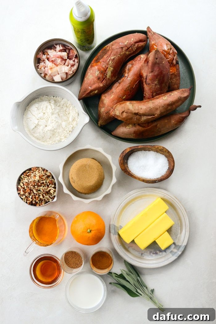 Ingredients for Maple Bourbon Bacon Sweet Potato Casserole laid out