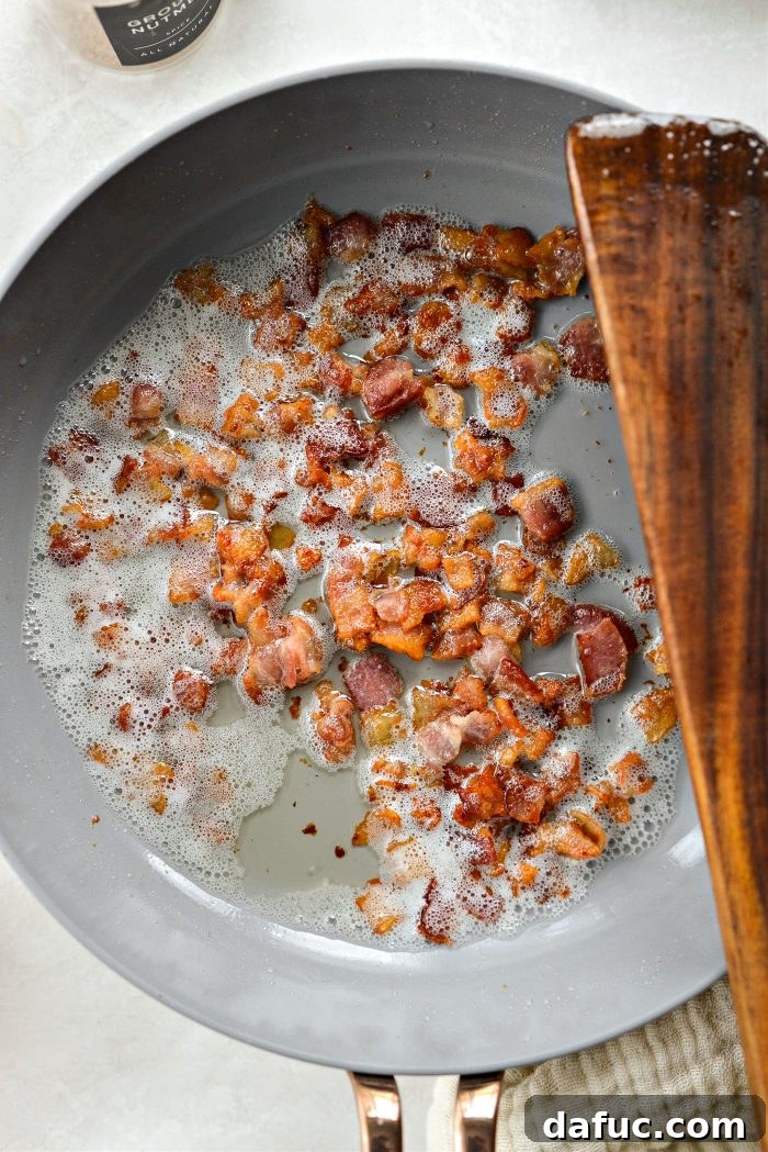 Cooking maple bacon for the streusel topping in a skillet
