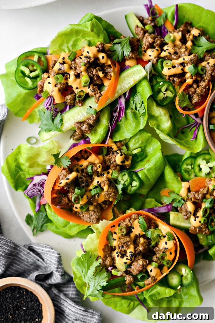 Spicy Sriracha Steak Lettuce Cups 2 Spicy Sriracha Steak Lettuce Wraps with fresh toppings
