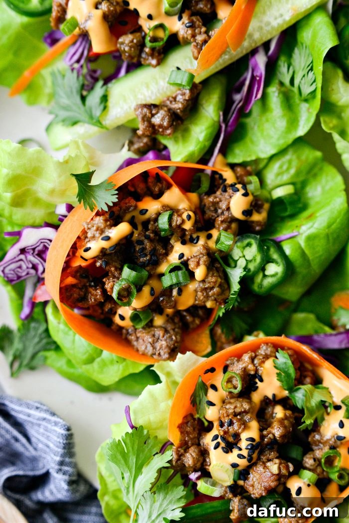 Spicy Sriracha Steak Lettuce Cups 3 Close-up of a filled Sriracha Steak Lettuce Wrap