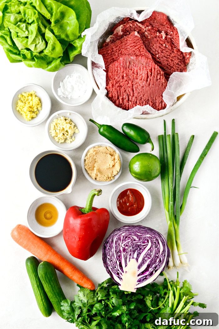 Spicy Sriracha Steak Lettuce Cups 4 Fresh ingredients laid out for Sriracha Steak Lettuce Wraps