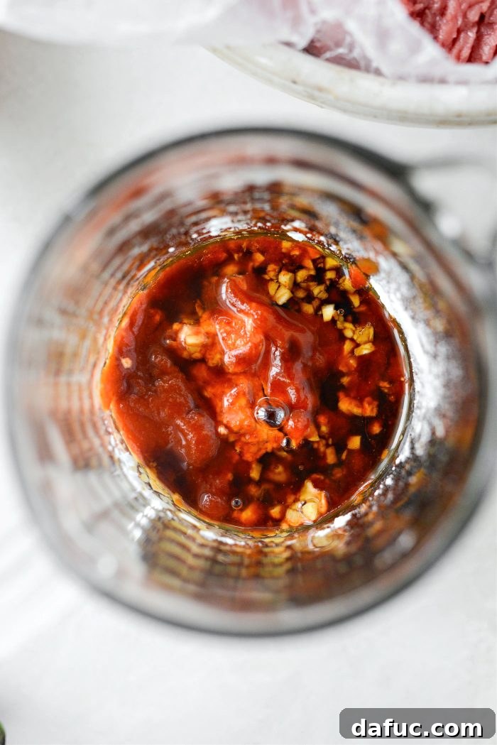Spicy Sriracha Steak Lettuce Cups 5 Ingredients for the Sriracha sauce in a measuring cup