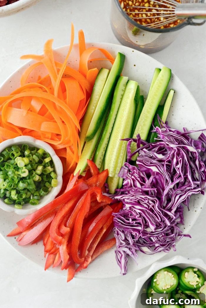 Spicy Sriracha Steak Lettuce Cups 7 Various fresh vegetables prepped for lettuce wraps