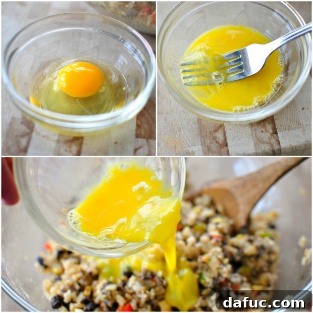 Adding a beaten egg to the mixture