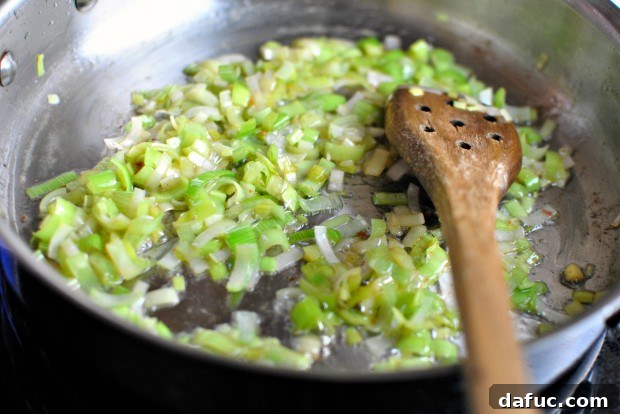 Silky Pancetta, Leek, and Sweet Pea Mac & Cheese 11 Sautéed leeks in pancetta fat