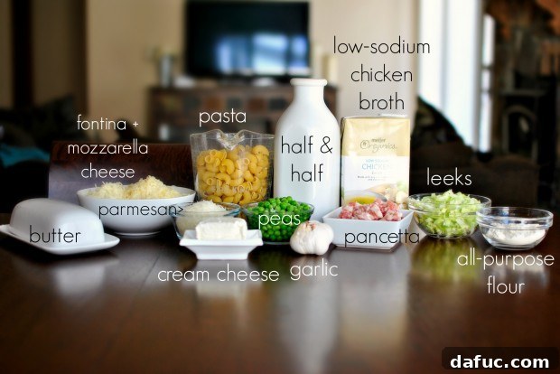 Silky Pancetta, Leek, and Sweet Pea Mac & Cheese 3 Ingredients for Creamy Pancetta, Leek and Pea Macaroni and Cheese