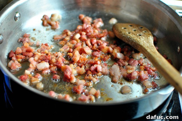 Silky Pancetta, Leek, and Sweet Pea Mac & Cheese 9 Pancetta cooking until crispy