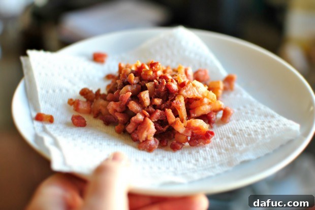 Silky Pancetta, Leek, and Sweet Pea Mac & Cheese 10 Crispy pancetta transferred to a paper towel lined plate
