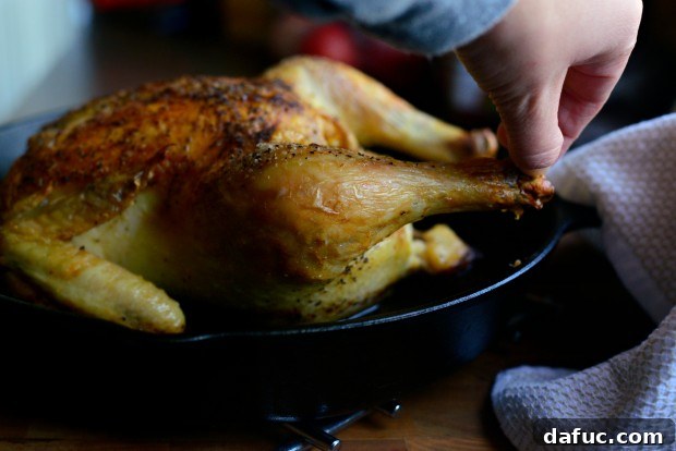 Effortless Roast Chicken 2 A whole buttered and seasoned chicken resting in a cast iron skillet, ready for the oven