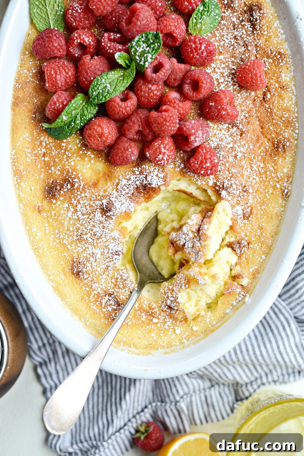 close up of slice of Meyer Lemon Pudding Cake