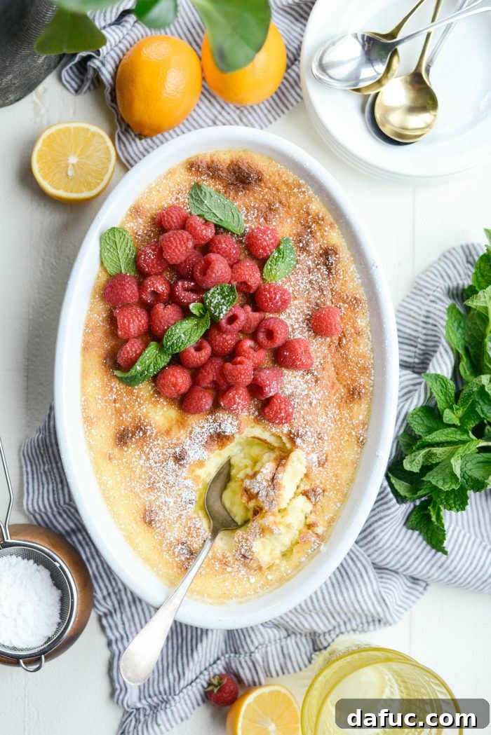 Meyer Lemon Pudding Cake with a sprig of mint