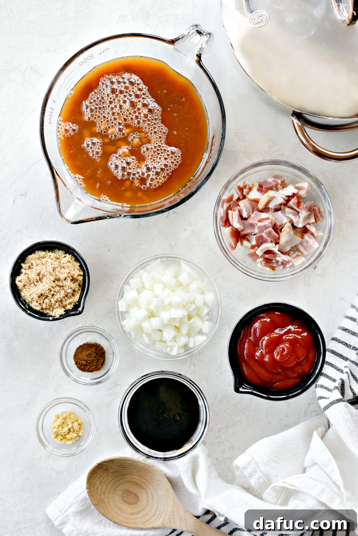 Hearty Homestyle Baked Beans 4 Ingredients for Homemade Baked Beans laid out on a table