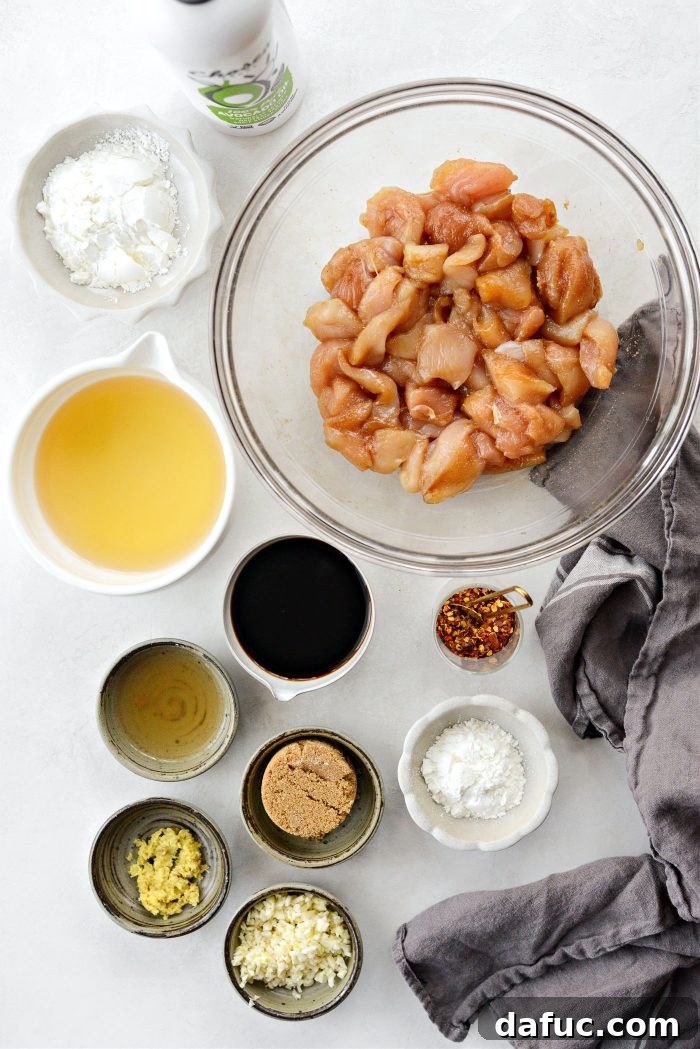 Sticky Sweet Bourbon Chicken 4 Ingredients for homemade Bourbon Chicken laid out on a table