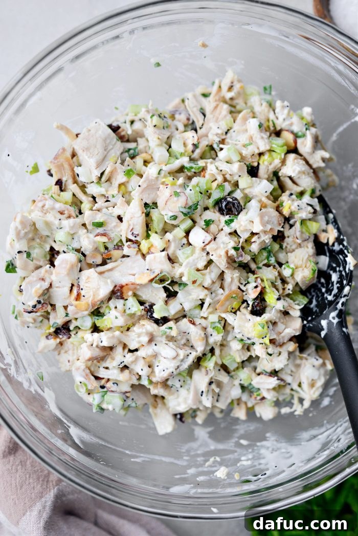 The finished Cherry Toasted Almond Chicken Salad, perfectly combined and ready to be served or chilled.