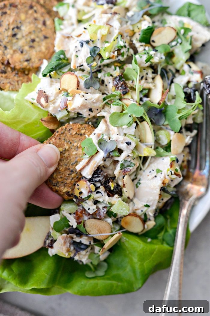 Final presentation of Cherry Toasted Almond Chicken Salad, showing its vibrant colors and inviting texture.